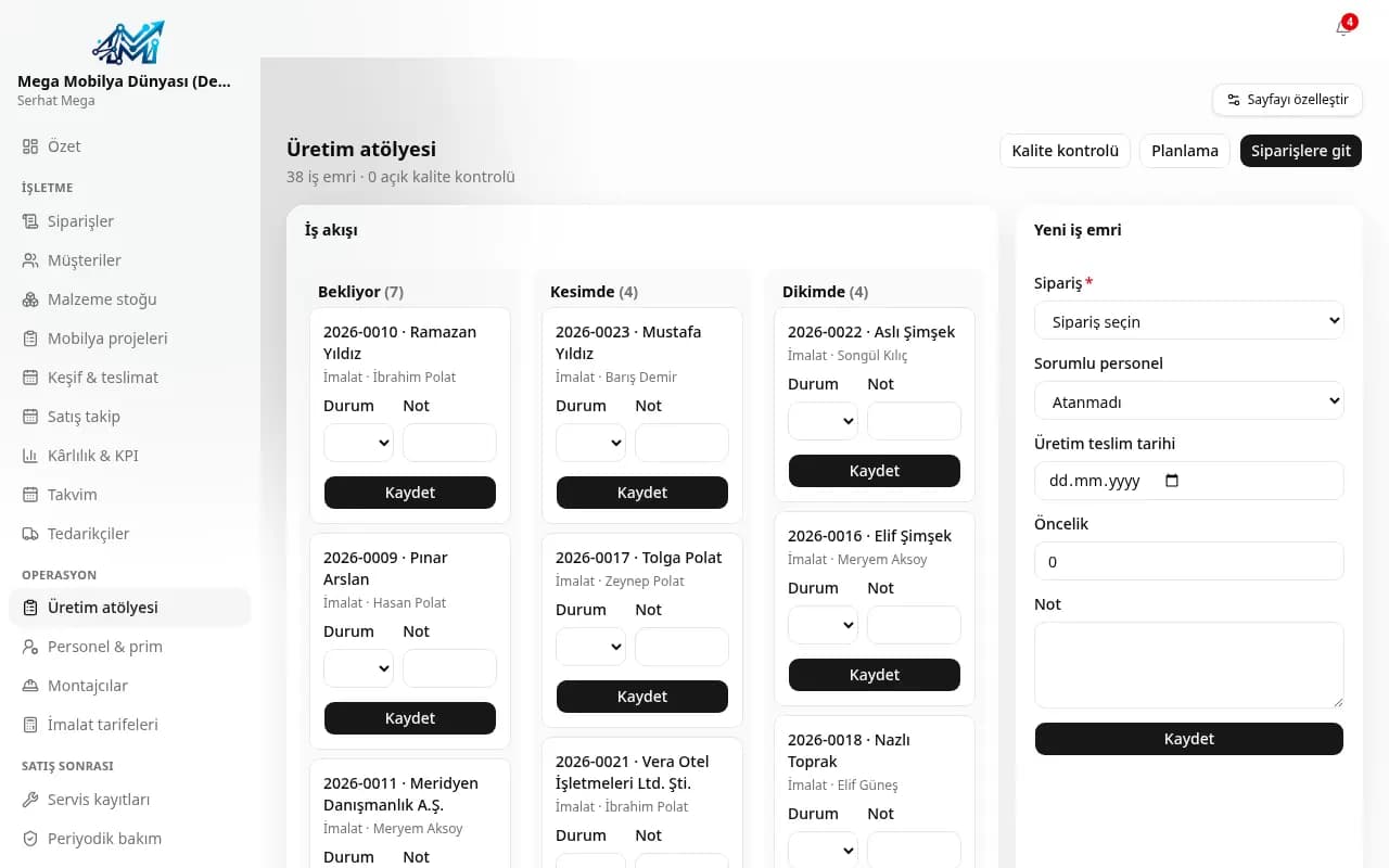 Üretim atölyesi panosu: bekliyor, kesimde ve dikimde sütunları (demo verisi)
