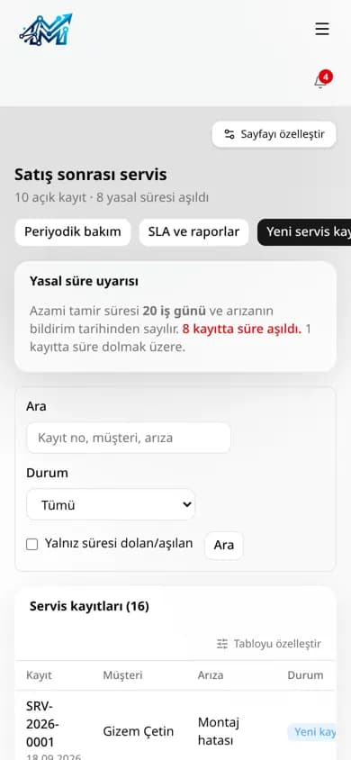 Veritek-M mobil servis ekranı (demo verisi)