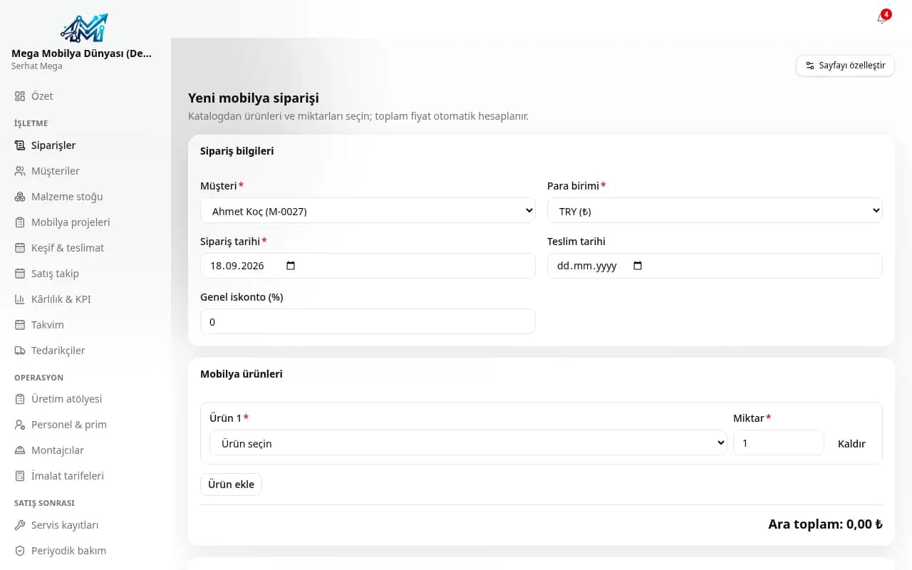 Yeni mobilya siparişi formu: müşteri, para birimi ve ürün seçimi (demo verisi)