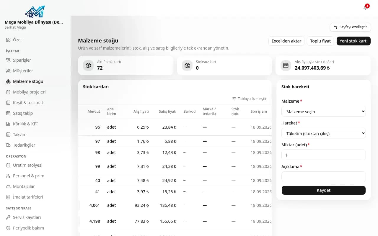 Stok kartları tablosu: mevcut, alış fiyatı ve satış fiyatı kolonları (demo verisi)