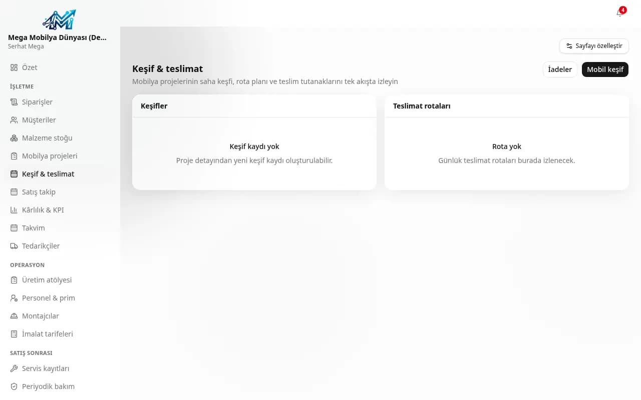 Keşif ve teslimat ekranı (demo verisi)