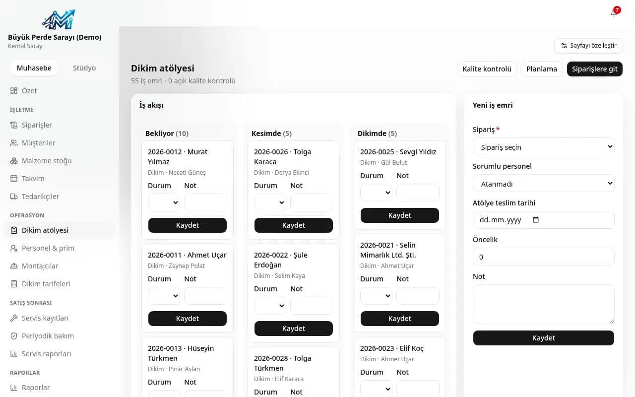 Dikim atölyesi panosu (demo verisi)