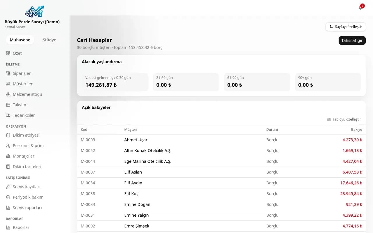 Perdeci cari hesap ekranı (demo verisi)