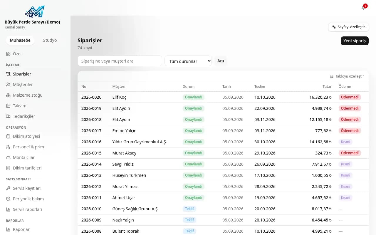 Perde sipariş listesi (demo verisi)